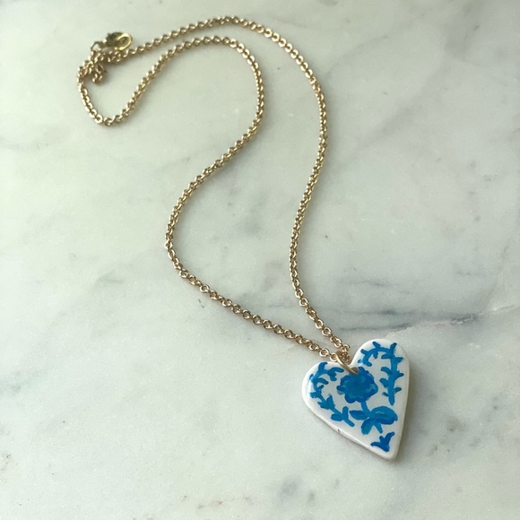 Handmade Hand painted Polymer Clay Heart Pendant Necklace - Picture 2 of 4